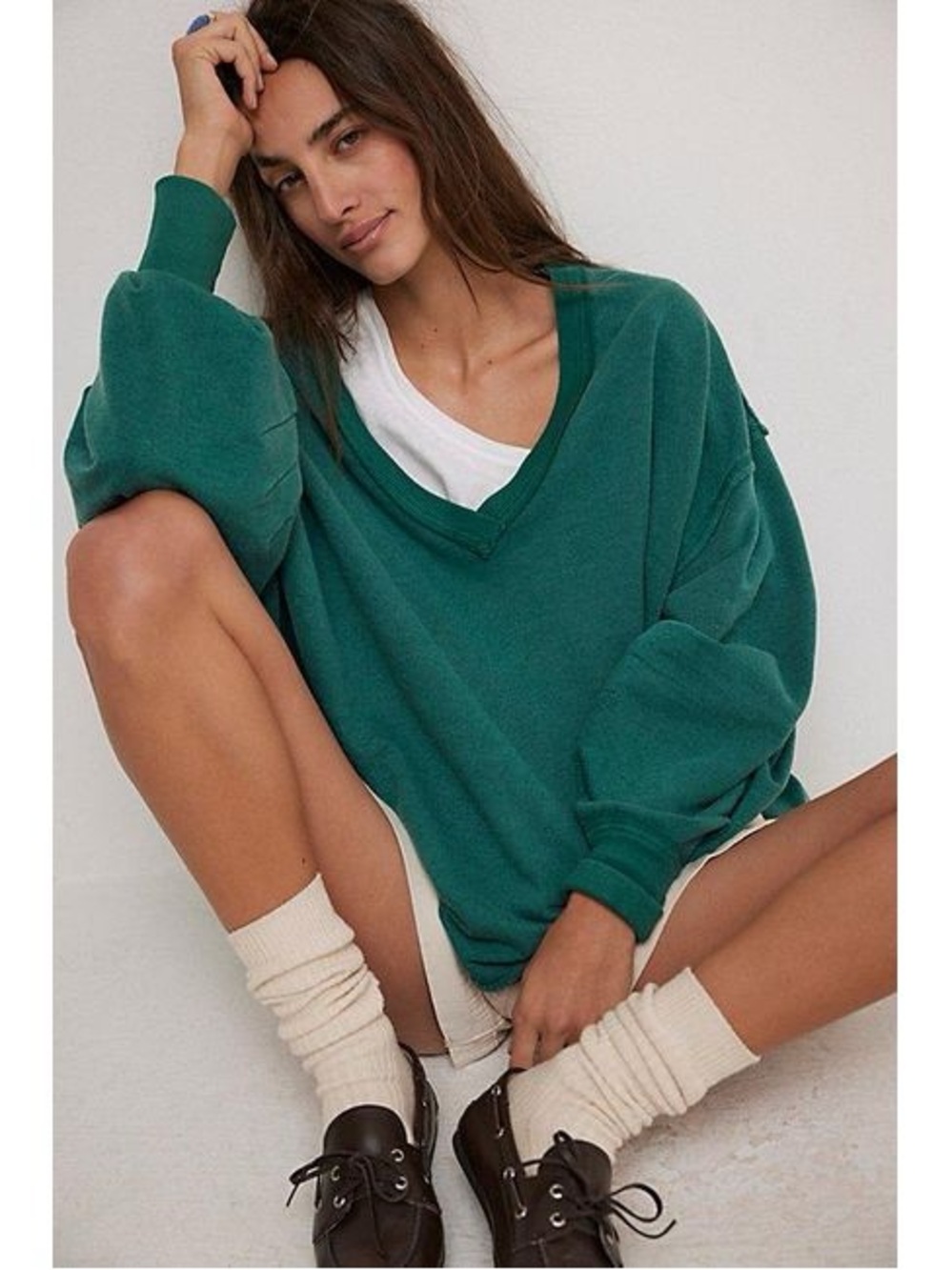 Free People We The Free Venice V-Neck Sweatshirt in Green - Size Small